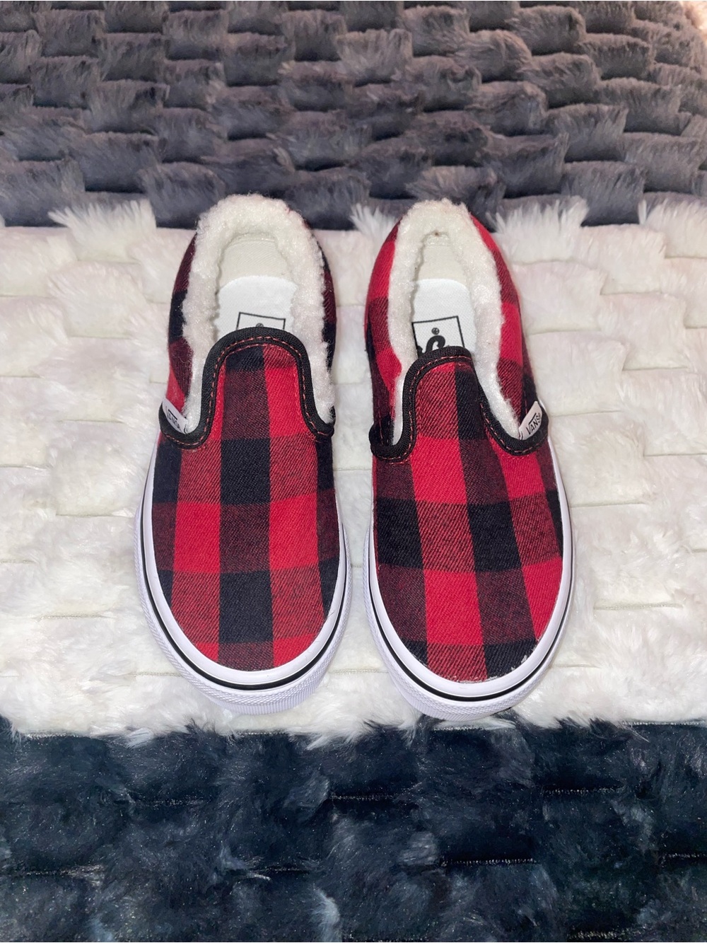 Kids Cozy Red Plaid Slip-On Shoes with Sherpa Lining